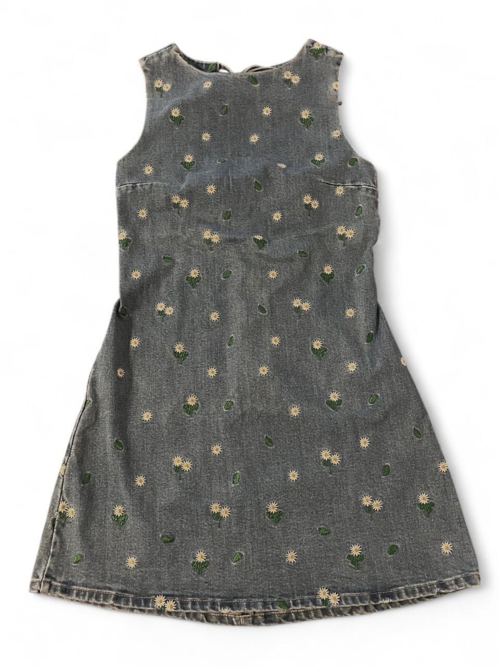 Sleeveless Denim Dress with Daisy Embroidery - Gray